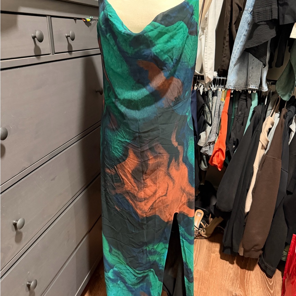 Backless Cowl Neck Slip Dress in Green & Orange Print